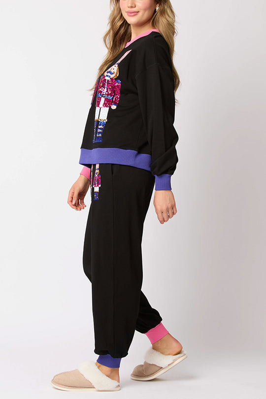 EB | Weihnachtsmann Pailletten Freizeit Sweatshirt und elastische Taillen lockere Taschenhose Set