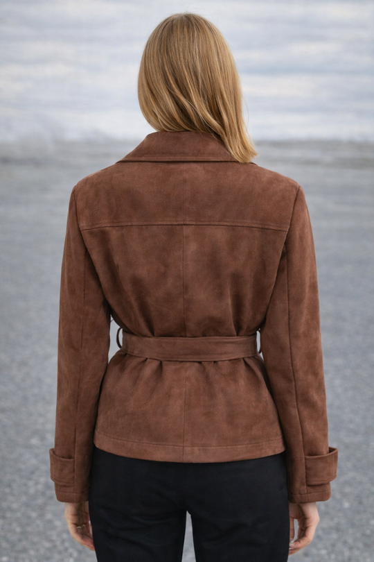 Damen Luxus Wildlederjacke mit taillierbarem Gürtel und elegantem Revers EB