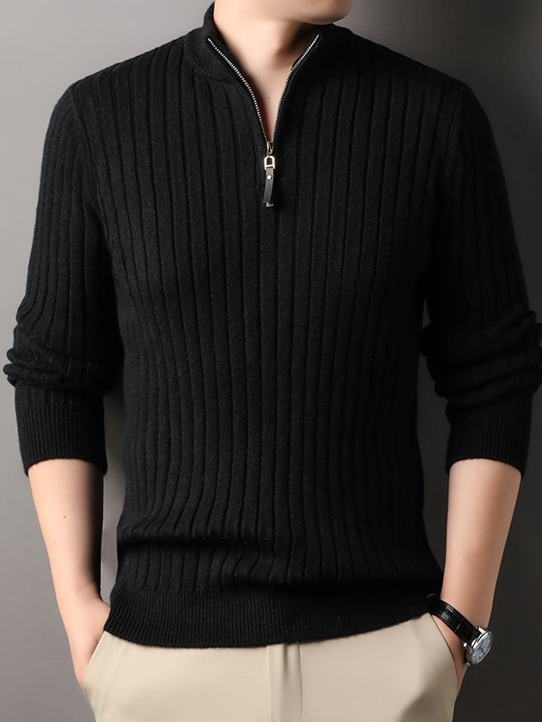 EB | Strickpullover mit Hohem Kragen und Reißverschluss Geripptes Design Weiches Material