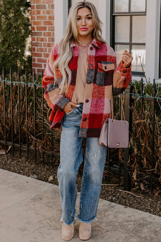 EB | Geräumige Karierte Orange Freizeitjacke mit Pattentaschen und Knöpfen
