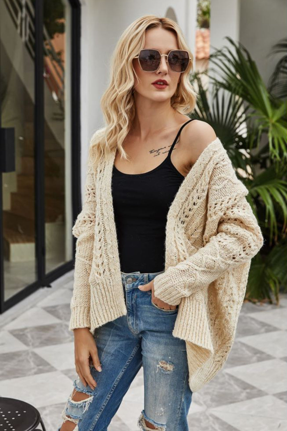 EB | Gerippter Besatz Offenes Strickjacke