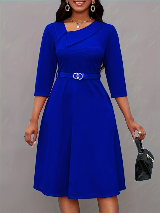 EB | Einfarbige Asymmetrische Halsgürtel 3/4 Ärmel Festliches Kleid Für Frauen - Ideal Für Alle Jahreszeiten