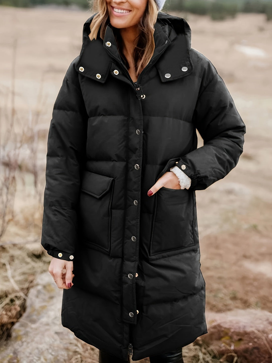 EB | Stylischer Puffer Schwarzer Wintermantel mit Kapuze und Polsterung Ideal für Herbst/Winter
