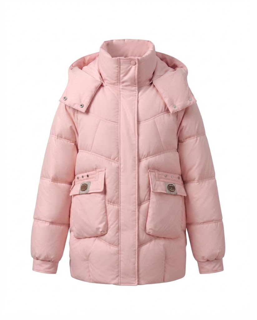 Damen nan mittel-langer wattierter Parka mit hoher Stehkragen-Blende, verstaubarer Kapuze und großen Cargo-Taschen EB