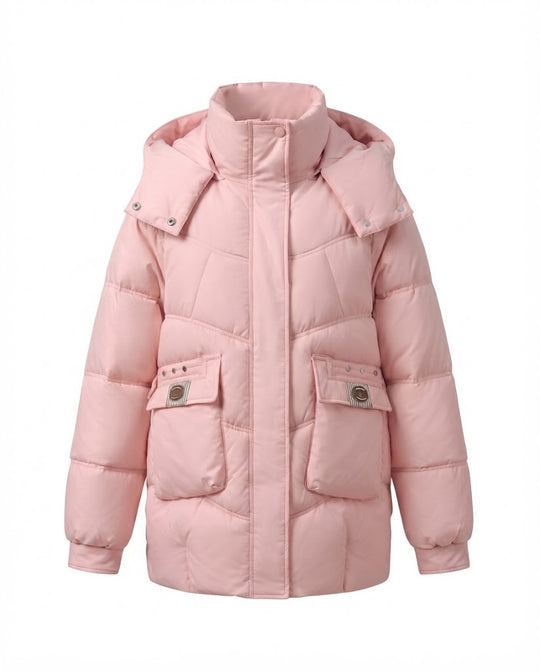 Damen nan mittel-langer wattierter Parka mit hoher Stehkragen-Blende, verstaubarer Kapuze und großen Cargo-Taschen EB