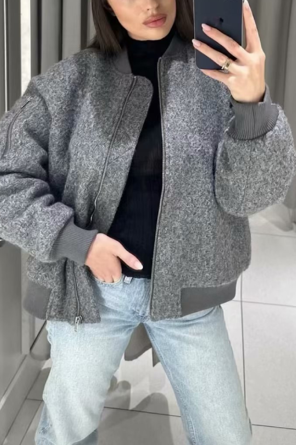 EB | Kragenlose Lange Ärmel Ripp-Flugjacke