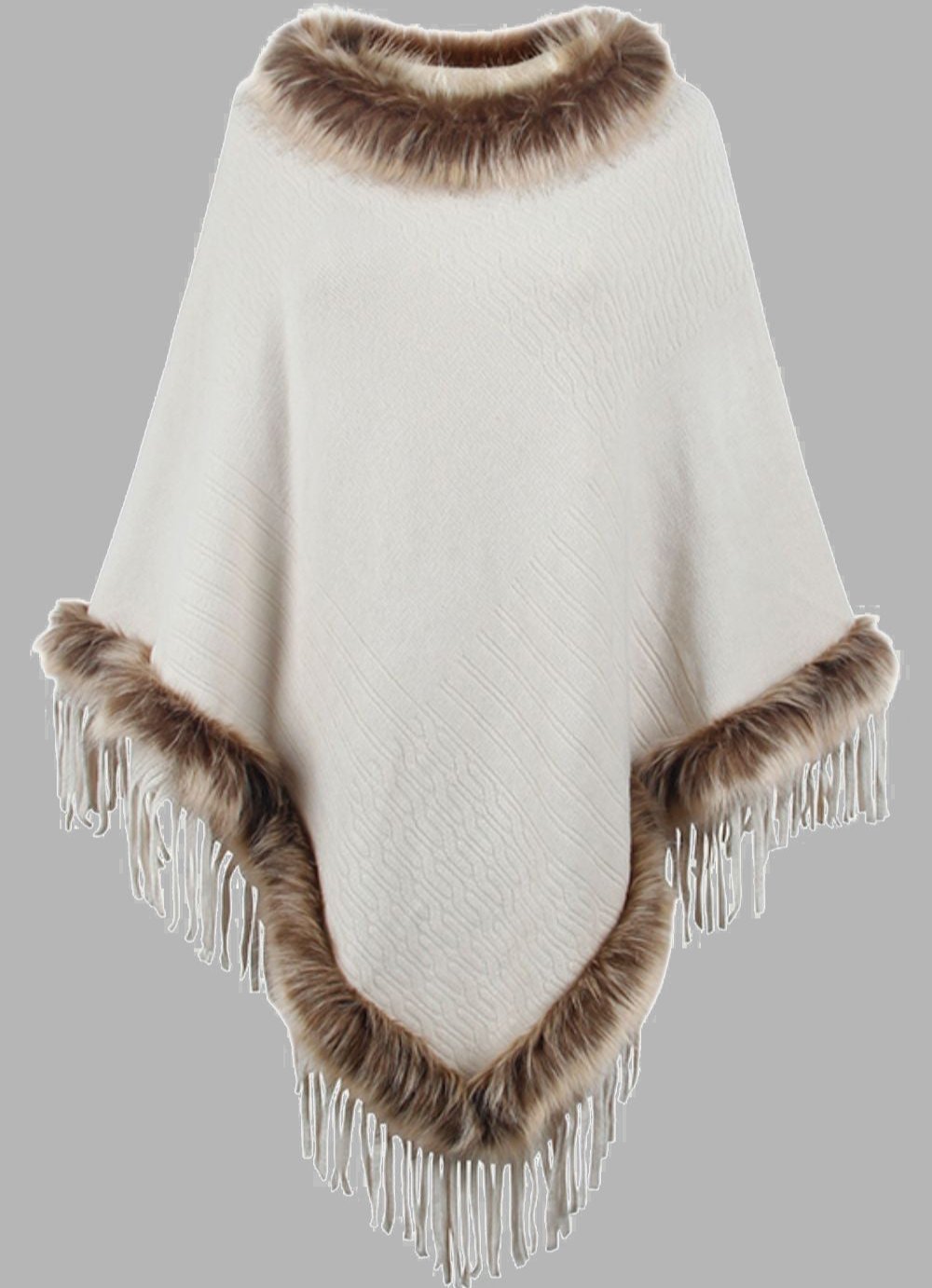 EB | Elegante Damen Poncho mit Pelzkragen und Fransen