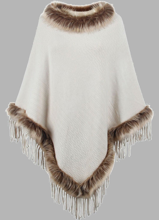 EB | Elegante Damen Poncho mit Pelzkragen und Fransen