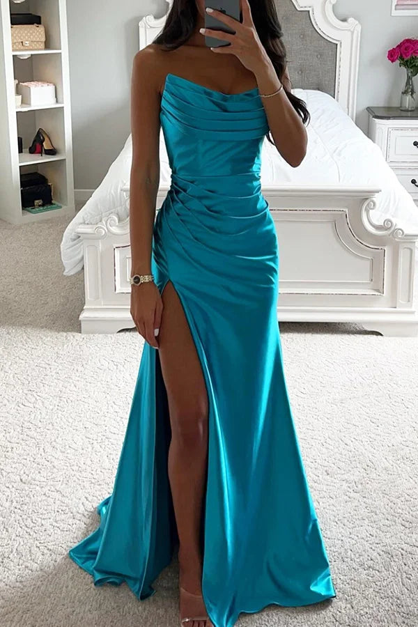 EB | Glänzendes Satin Off-Shoulder Falten Spalte Abend Maxi Kleid