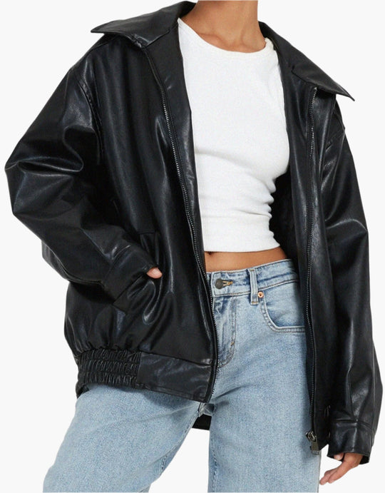 EB | Übergroße Lederjacke mit Langen Ärmeln für Damen - Herbst