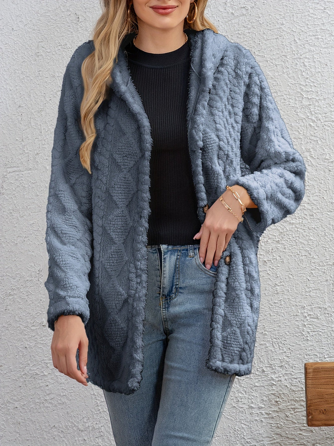 EB | Fluffy Kapuzenjacke mit Knöpfen Polyester Weich und Warm