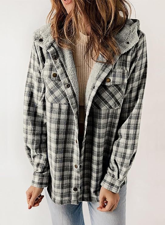 EB | Plaid Jacke Langarm Schnalle Wolle mit Kapuze
