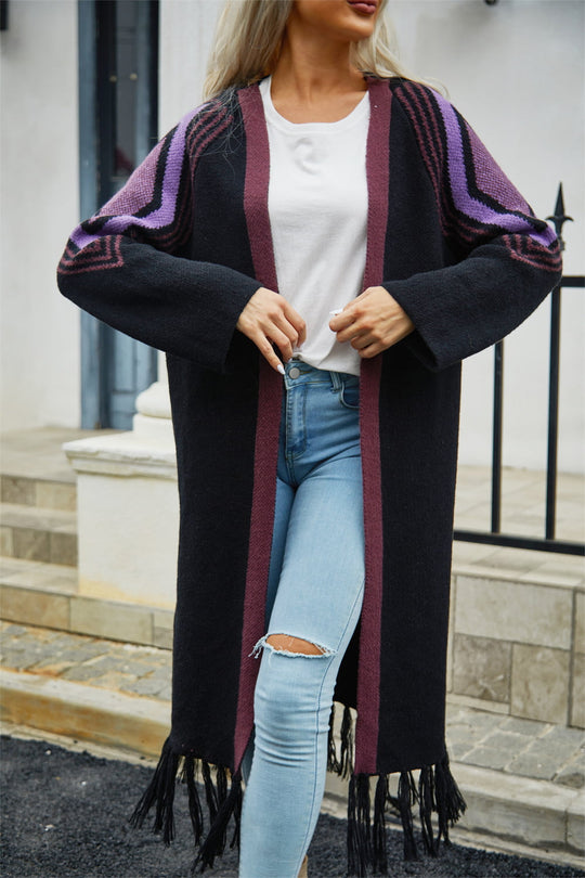 EB | Geometric Fringe Hem Offene Front Duster Cardigan