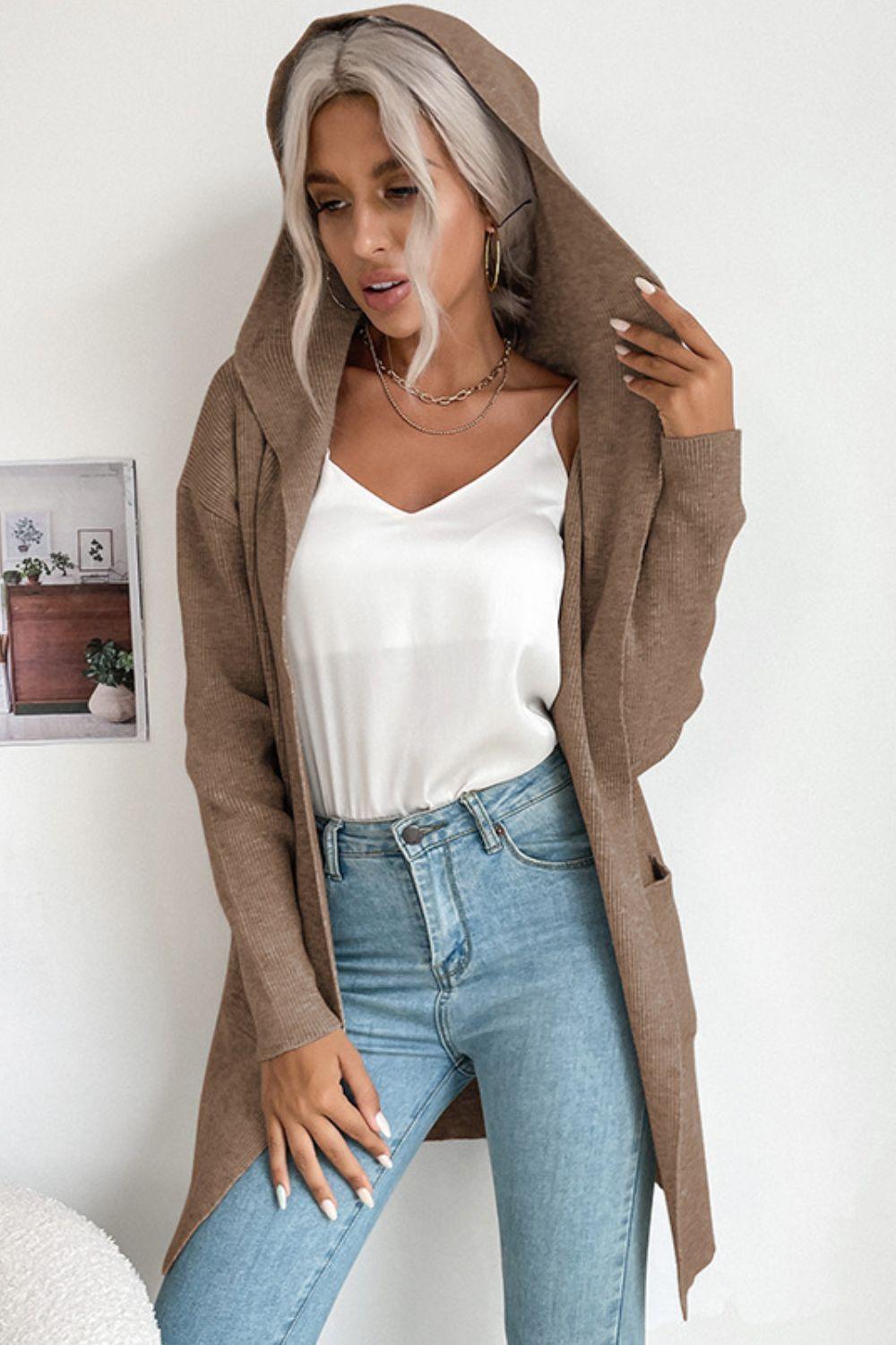 EB | geripptes offen-front Cardigan mit Kapuze und Taschen