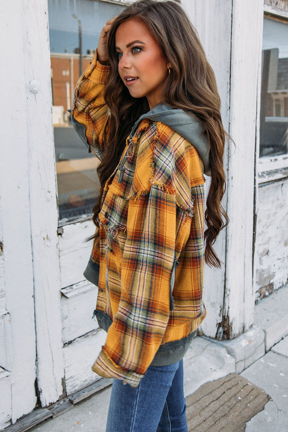 EB | Karierte Jacke mit Kapuze und Rohen Kanten Baumwolle Lässig und Trendy
