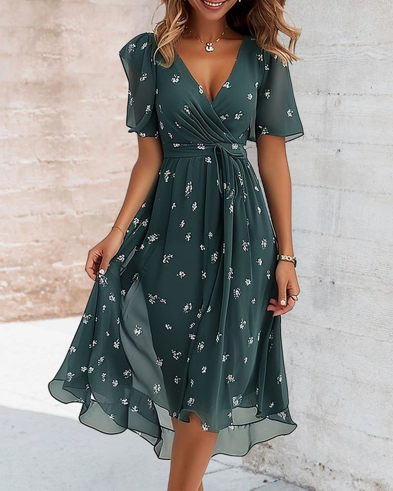 EB | Elegantes Bedrucktes Kleid mit V-Ausschnitt und Krawatte