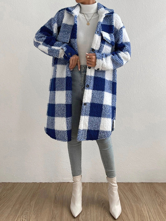 EB | kariert Jacke mit plüschigem Kragen und Knöpfen