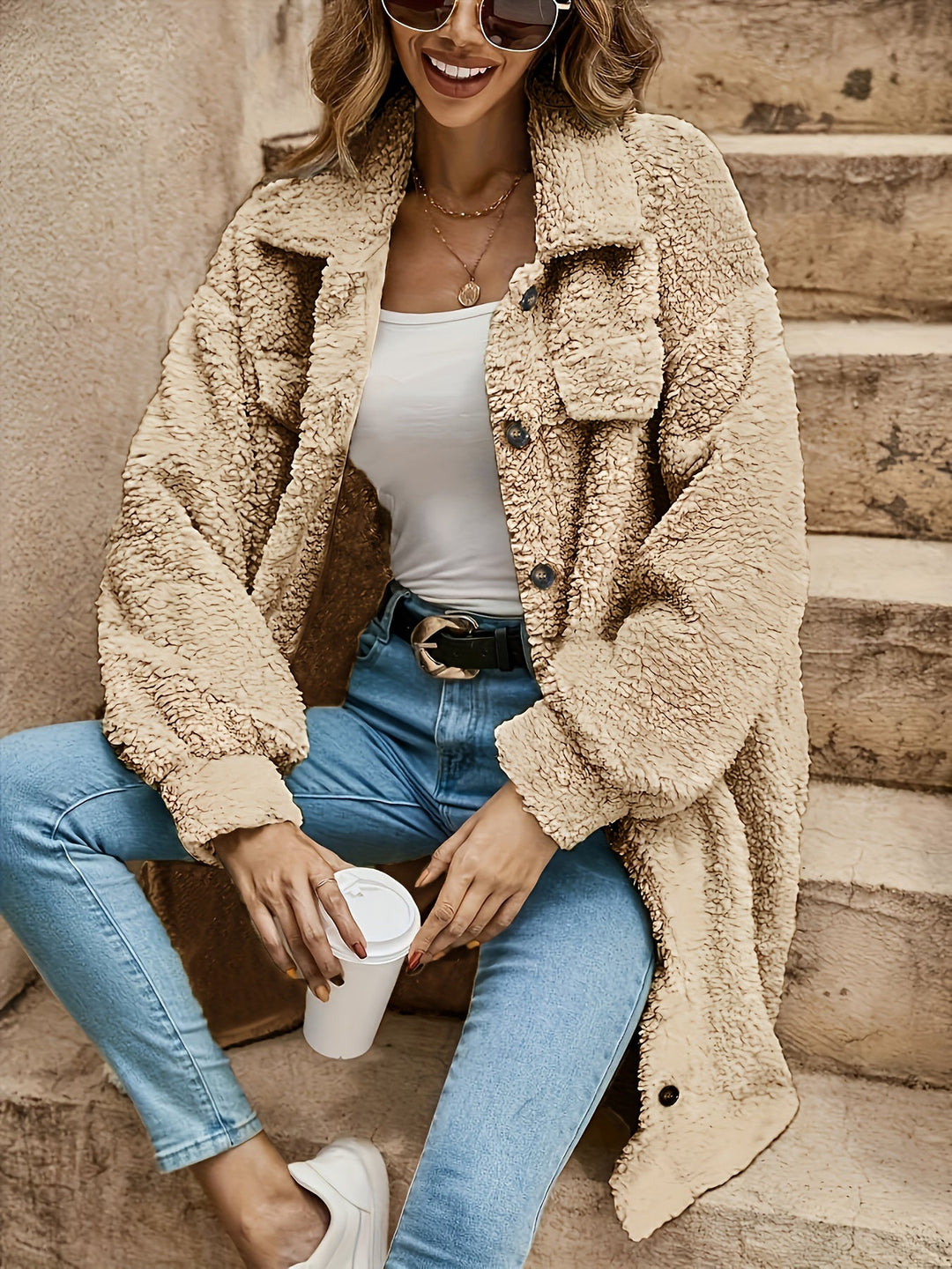 EB | Lange Jacke Im Sherpa-stil Polyester Warm und Stilvoll