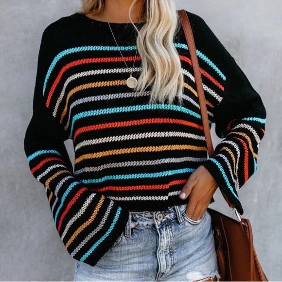 EB | Gemütlicher Gestreifter V-Ausschnitt Strickpullover Zum Schichten Im Herbst.