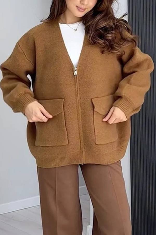 EB | Farbe Vielseitiger V-Ausschnitt Taschenpullover Jacke