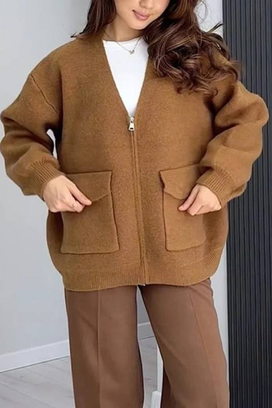 EB | Farbe Vielseitiger V-Ausschnitt Taschenpullover Jacke