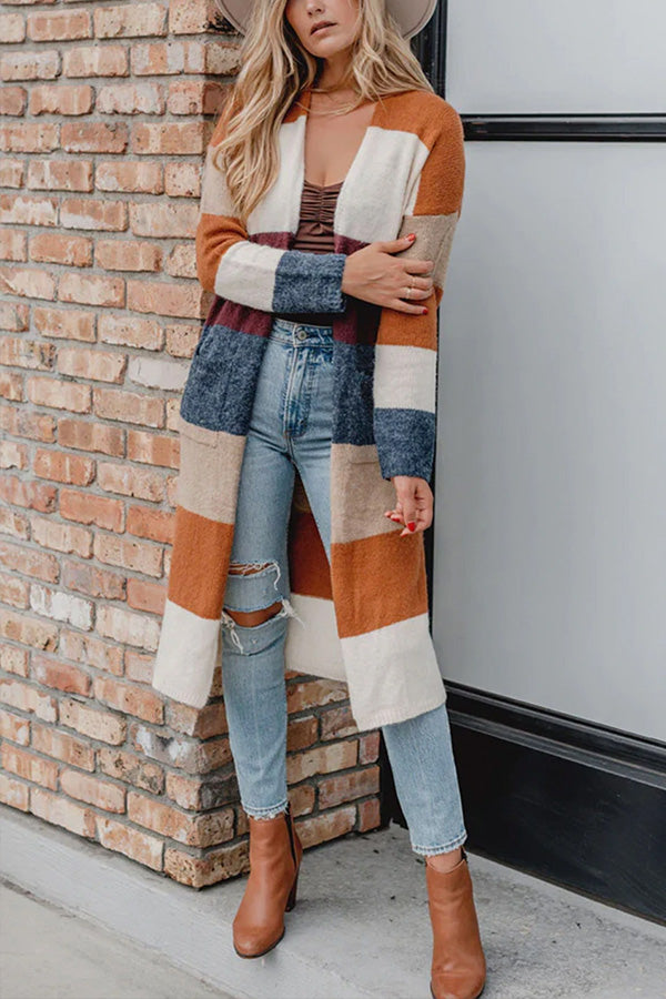EB | Gestrickte Strickjacke mit offener Vorderseite und Farbblock