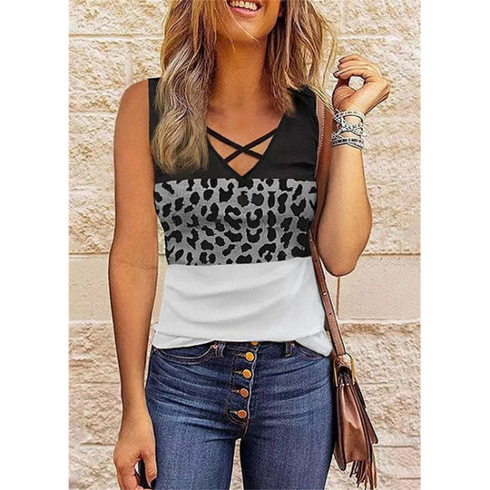 EB | Damen Leopard Patchwork V-Ausschnitt Top