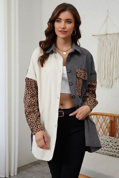 EB | Leopard-Kontrast-Button-Up-Jacke