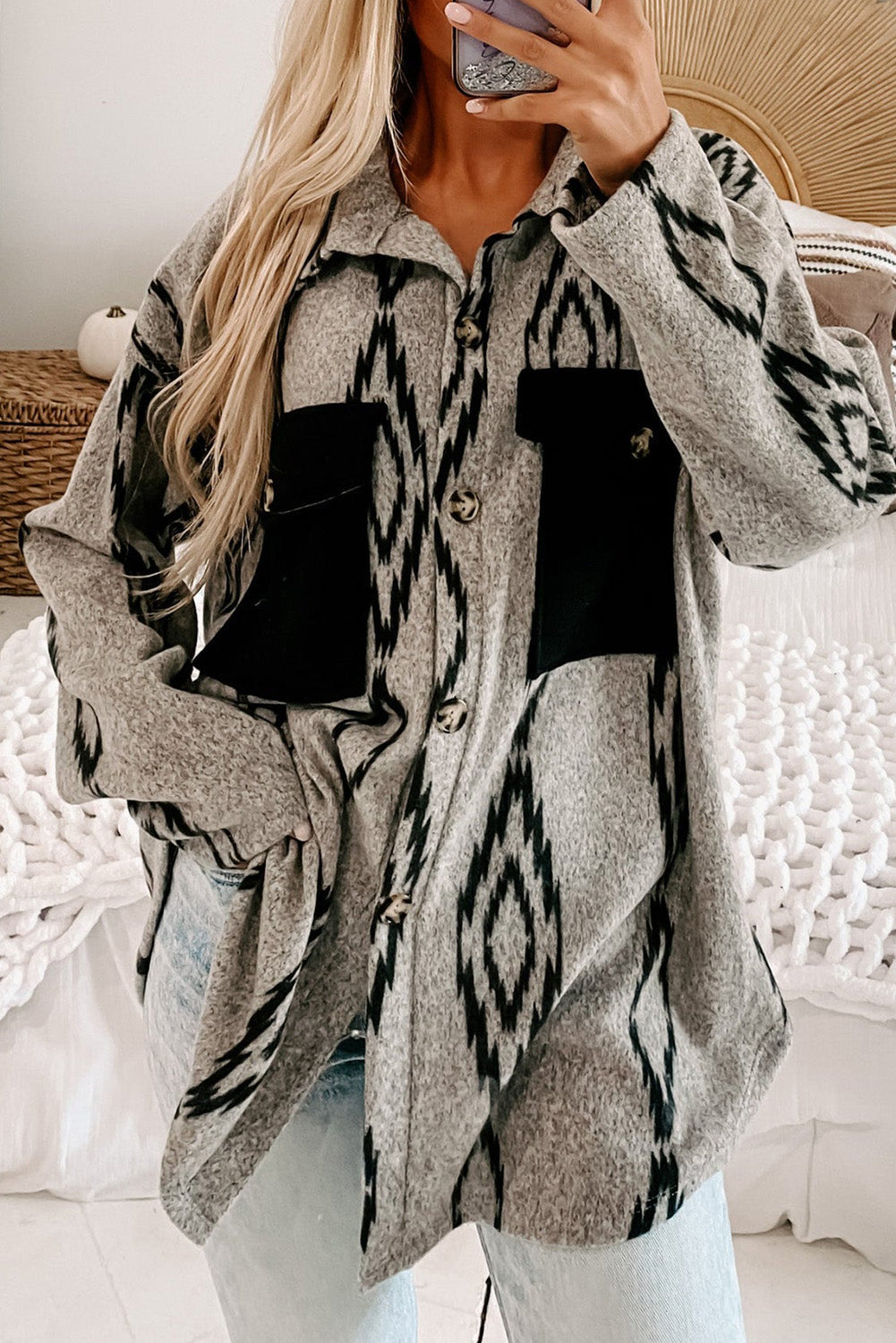EB | Hemdjacke mit Aztekischem Druck Weiche Wollmischung Boho-chic Stil