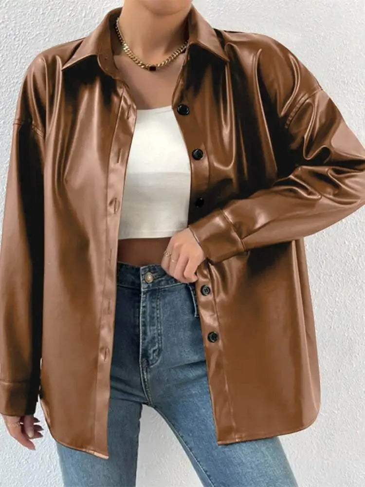 EB | Vintage Leder Bomberjacke mit Reverskragen und Knopfverschluss