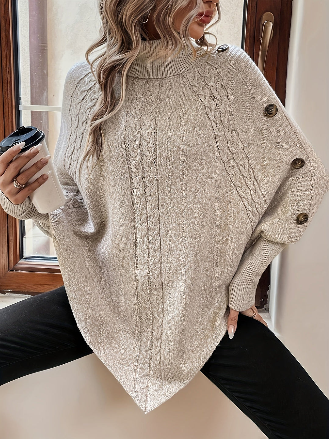 EB | Poncho Sweater mit Knöpfen Acryl Elegant und Komfortabel