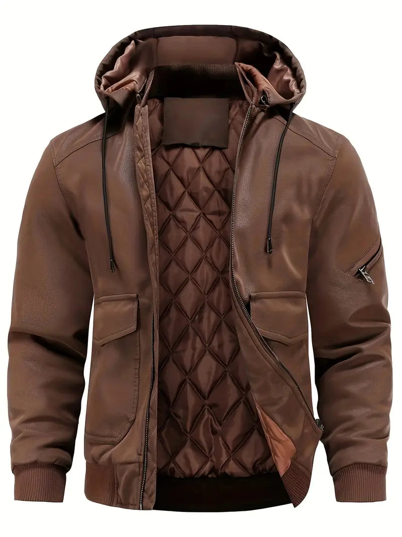 EB –  Winddichte PU Winterjacke für Herren mit Kapuze