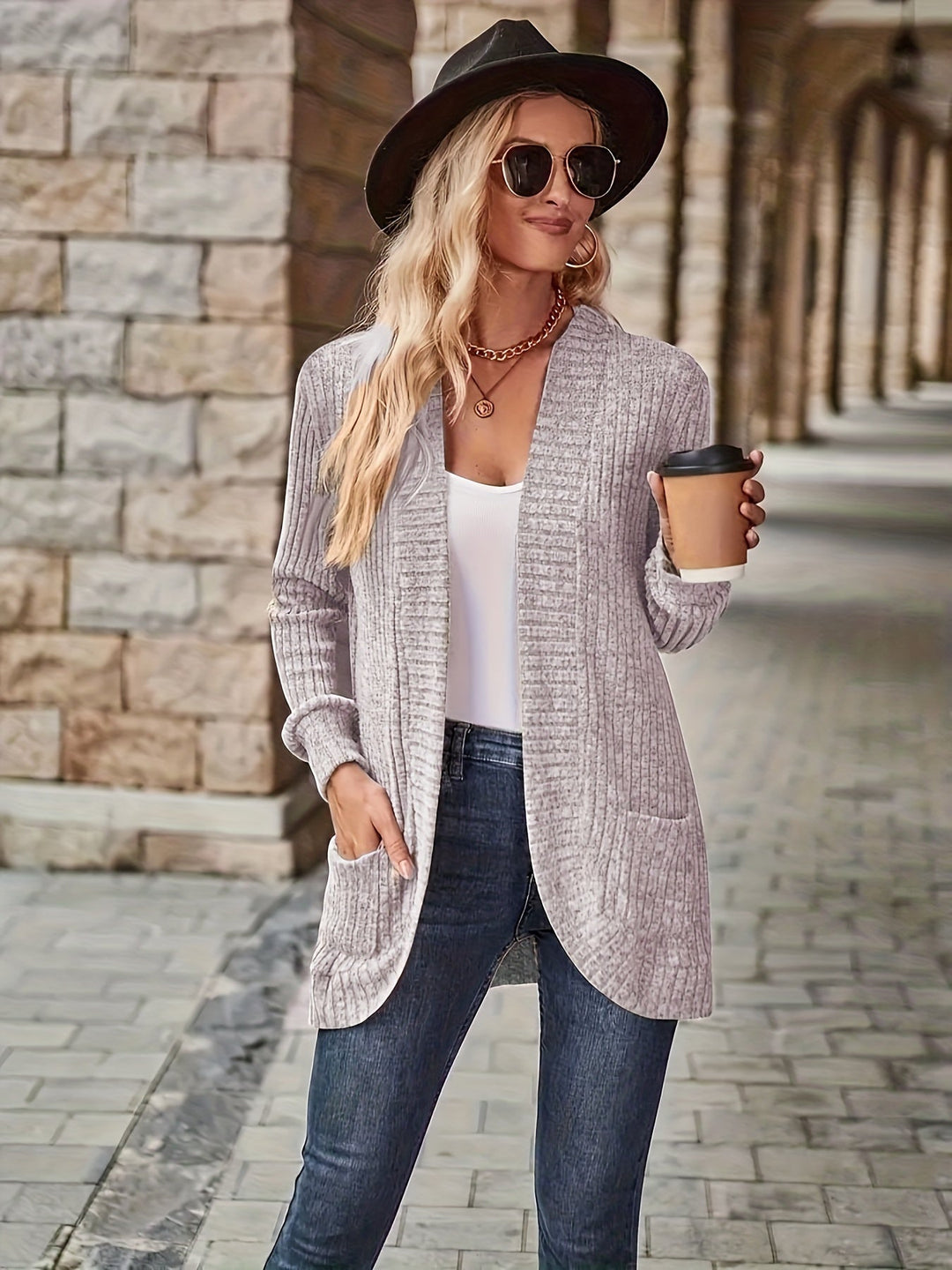 EB | Damen Freizeit Strickfleeceweste Mit Langen Ärmeln