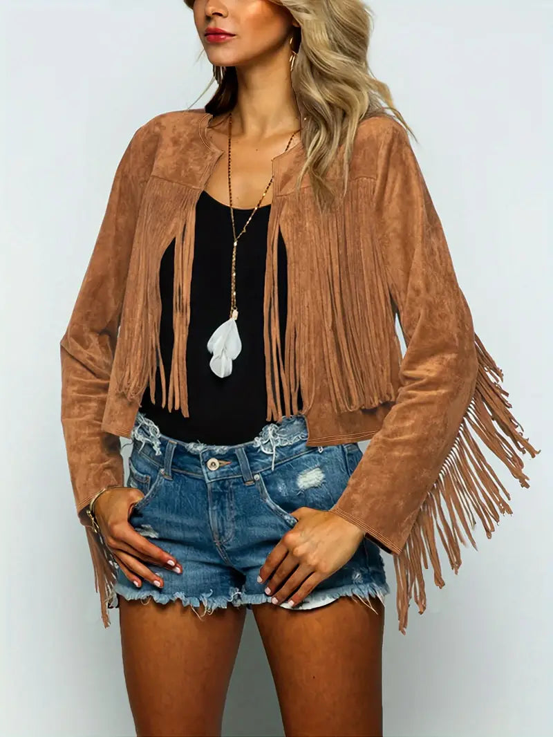 EB | Offene Jacke mit Fransen Saum Im Wildleder Look