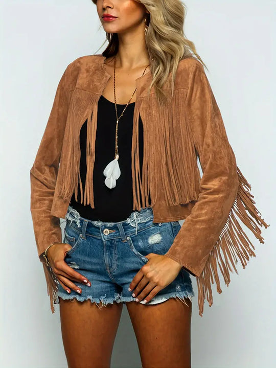 EB | Offene Jacke mit Fransen Saum Im Wildleder Look