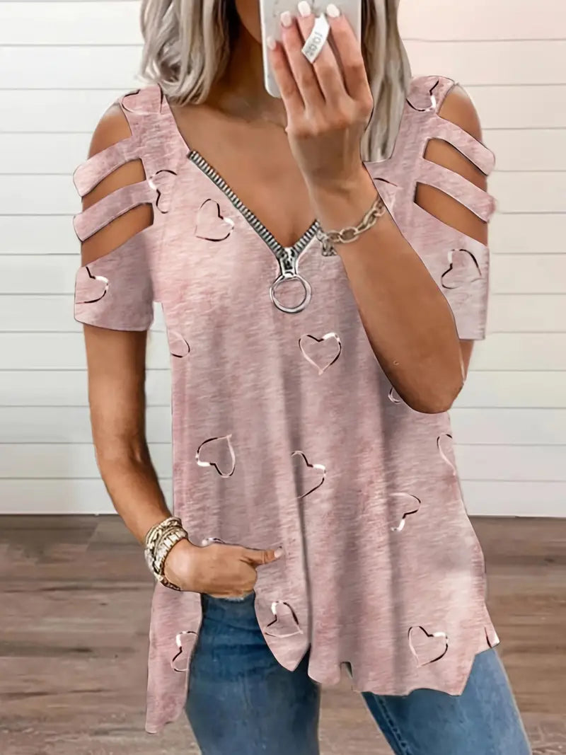 EB | Kurzarm-T-Shirt mit Herz-Druck und V-Ausschnitt