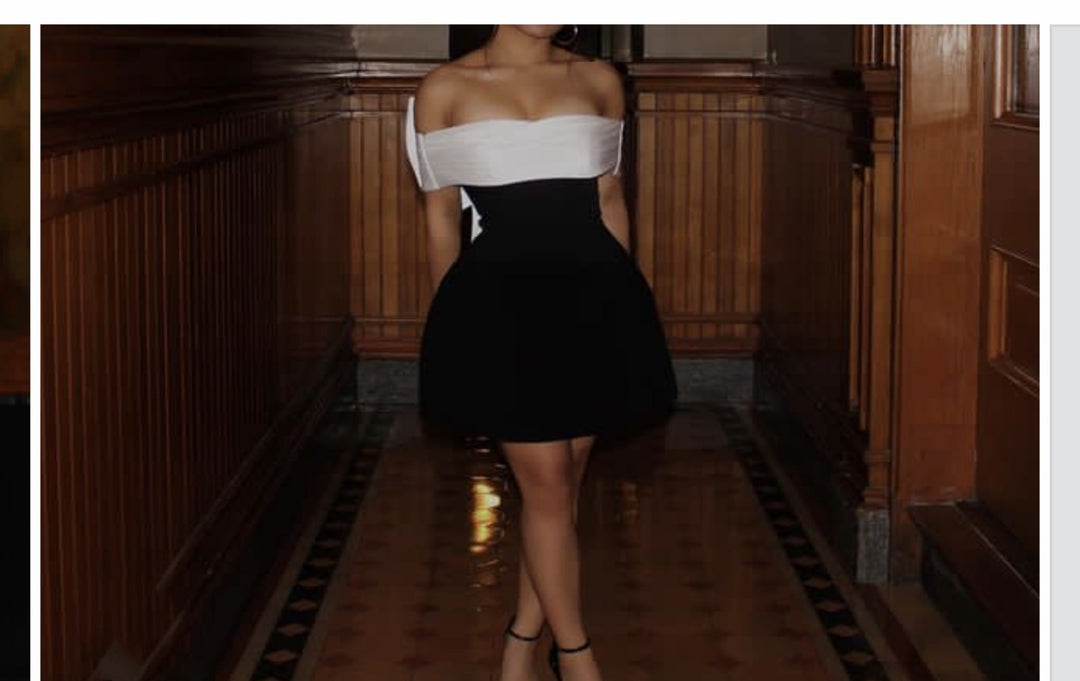 EB | Ein-Wort-Schulter schwarz-weißes Kleid mit kontrastierender Schleife