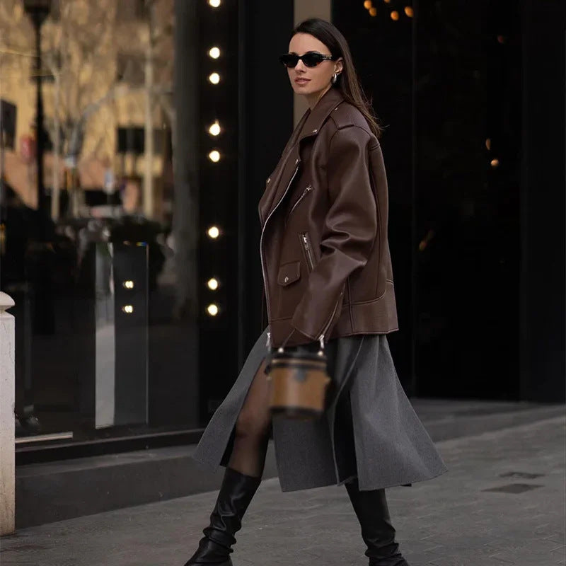EB | Moderne Damen Kurze Vegan-Leder-Look Jacke