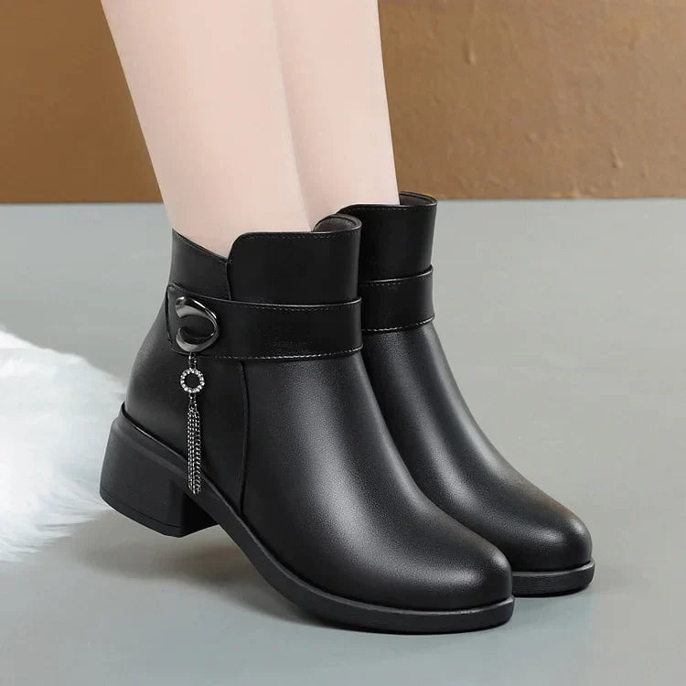EB | Damen Echtes Leder Metall Schnalle Samt Stiefel
