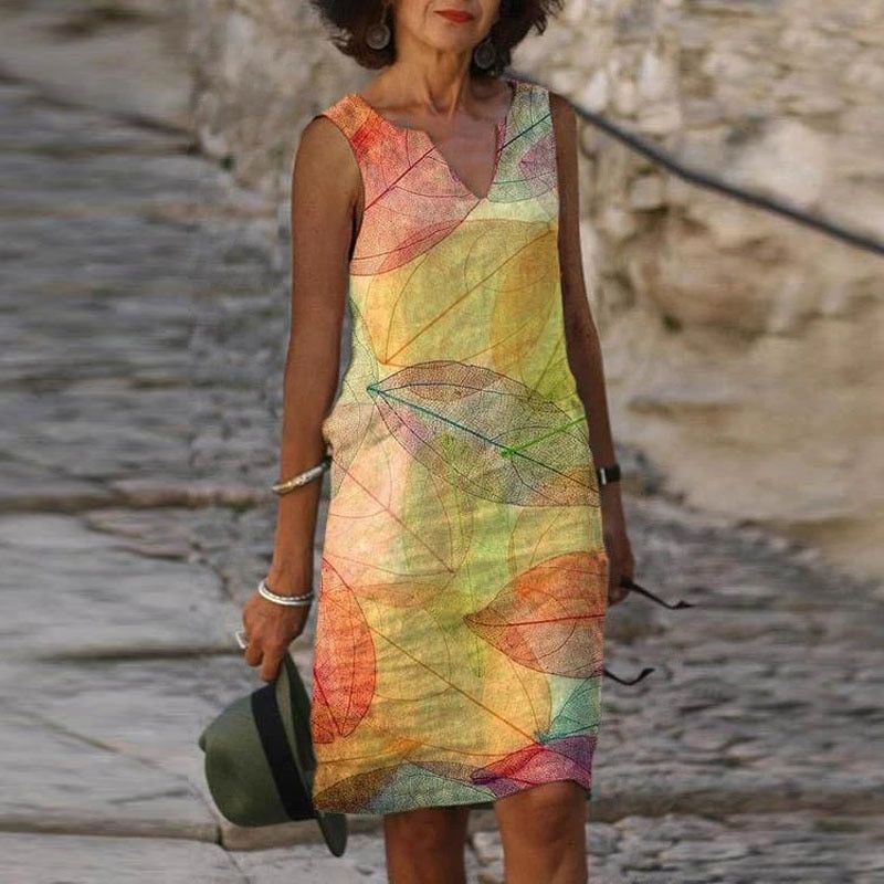 EB | Damen Helles Blätter Kleid Ärmellos