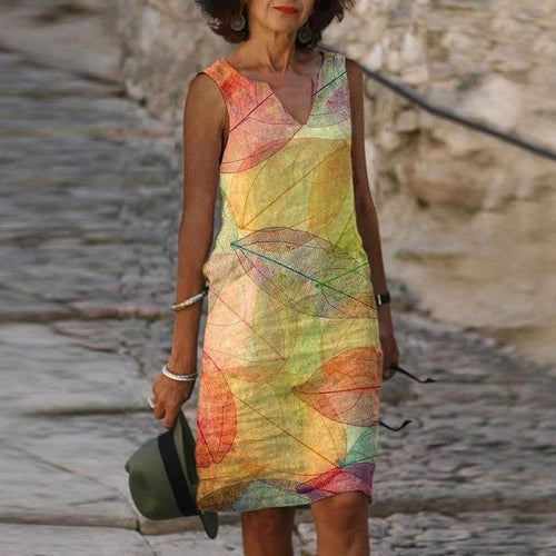 EB | Damen Helles Blätter Kleid Ärmellos