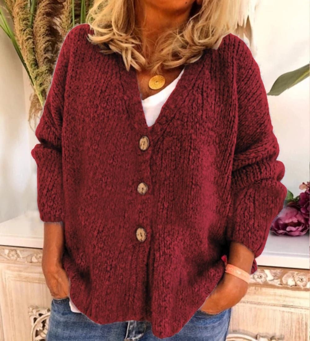 EB | Cardigan Relaxed Fit Chunky Knit V-Ausschnitt Knopf Vorderseite Ballonärmel