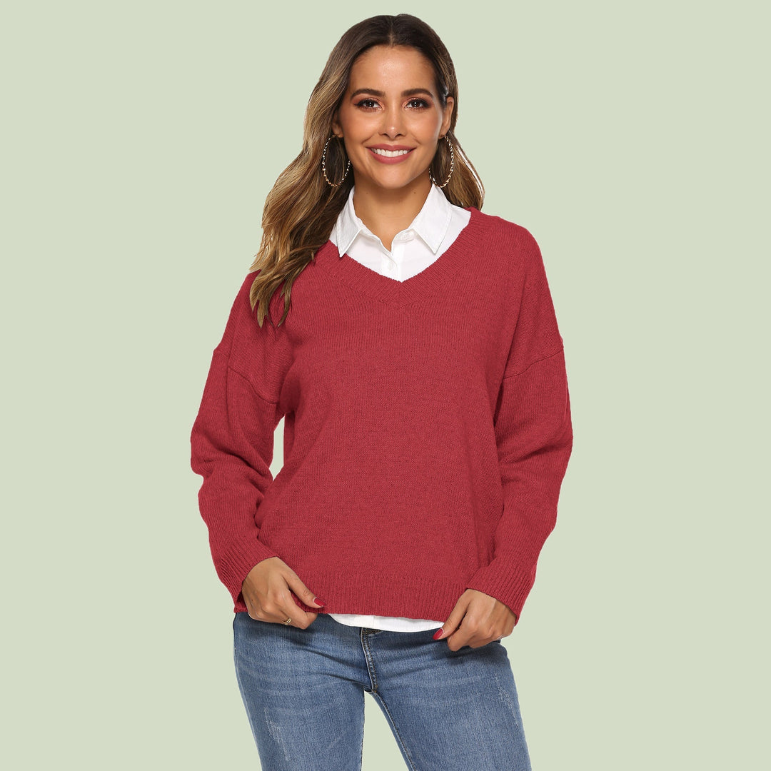 EB | Strickpullover V-Ausschnitt Lockere Passform Lange Ärmel Weich und Bequem