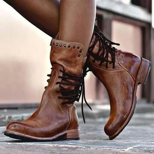 Stylische Lederstiefel Mit Schnürsenkeln EB
