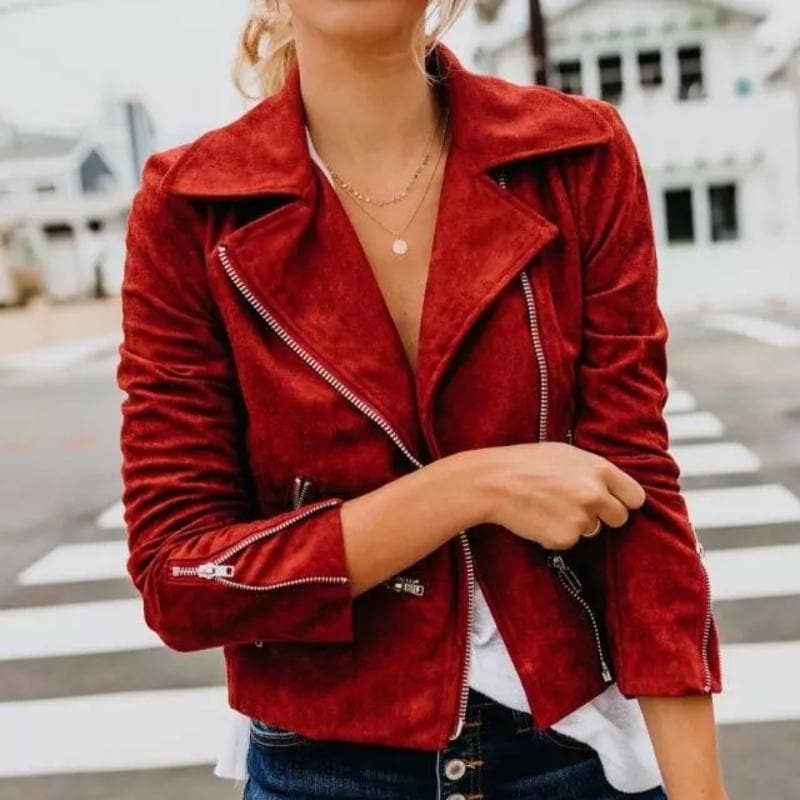 EB | Kurze Wildlederjacke mit Reißverschlüssen Kunstleder Modern und Stylisch