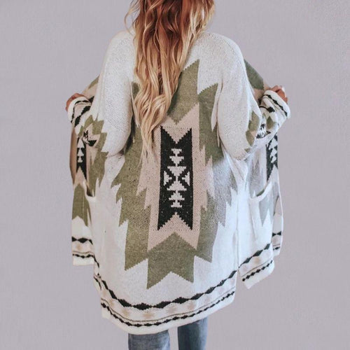 EB | Langer Strickcardigan - Lockere Passform - Geometrisches Muster - Bequemes Schichten