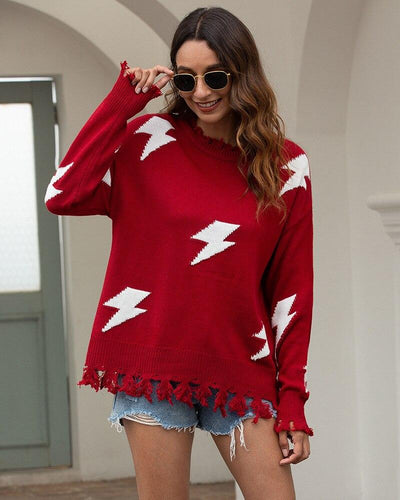 EB | Strickpullover Lockere Passform Blitzmuster & Fransen Saum