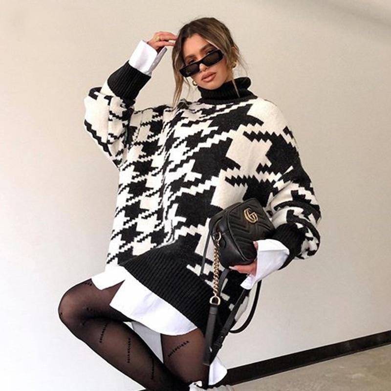 EB | Strickpullover Übergrößenfit Zickzackmuster Rundhalsausschnitt Ribbelkanten