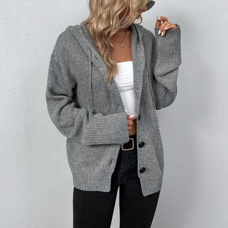 EB | Strickcardigan -Weich und Warm mit Kapuze und Knopfverschluss Lockere Passform