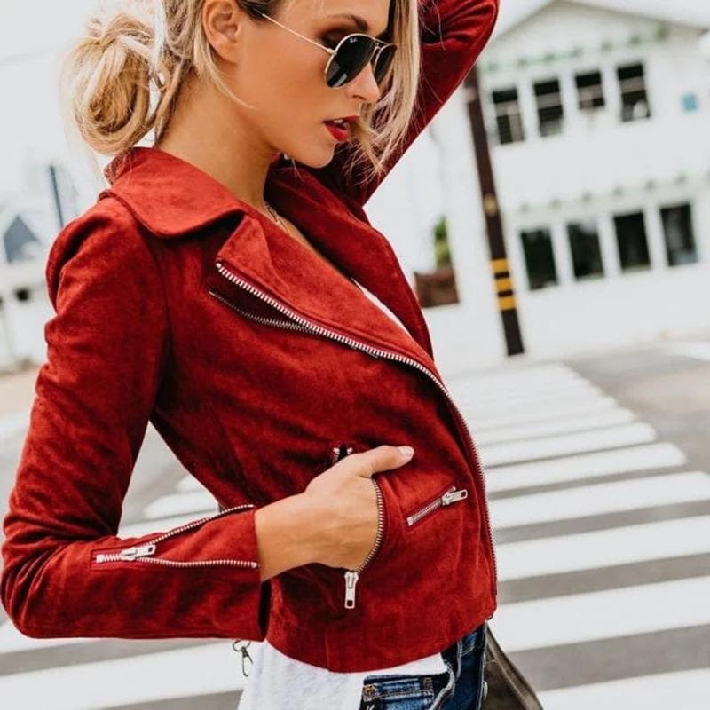 EB | Kurze Wildlederjacke mit Reißverschlüssen Kunstleder Modern und Stylisch